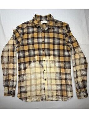 Faith Connexion Men's Flannel Shirt Bleach Ombre Plaid Size Small Brown/Yellow